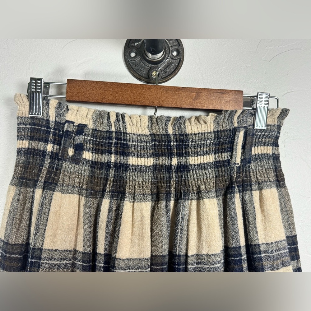 Zara  100% Cotton Shirred Waist Navy Cream Plaid A-Line Skirt Fray Hem Size‎ Med - Picture 2 of 6